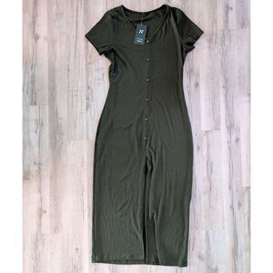 NWT Halara Ribbed Knit V Neck Button Split Midi Chill Dress in Green, Large (A8)
